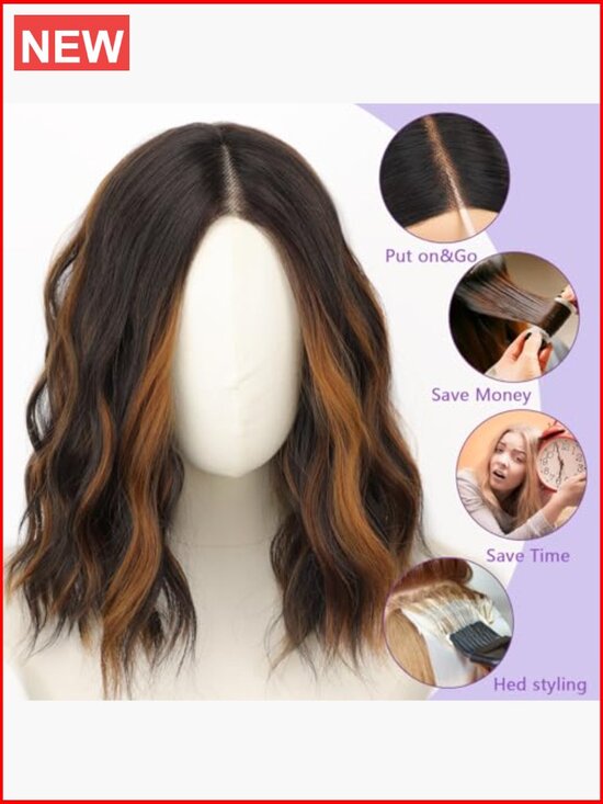14 Inch Wave Bob Wig with Pre-Cut Lace Hairline Middle Part Synthetic Heat main image 6